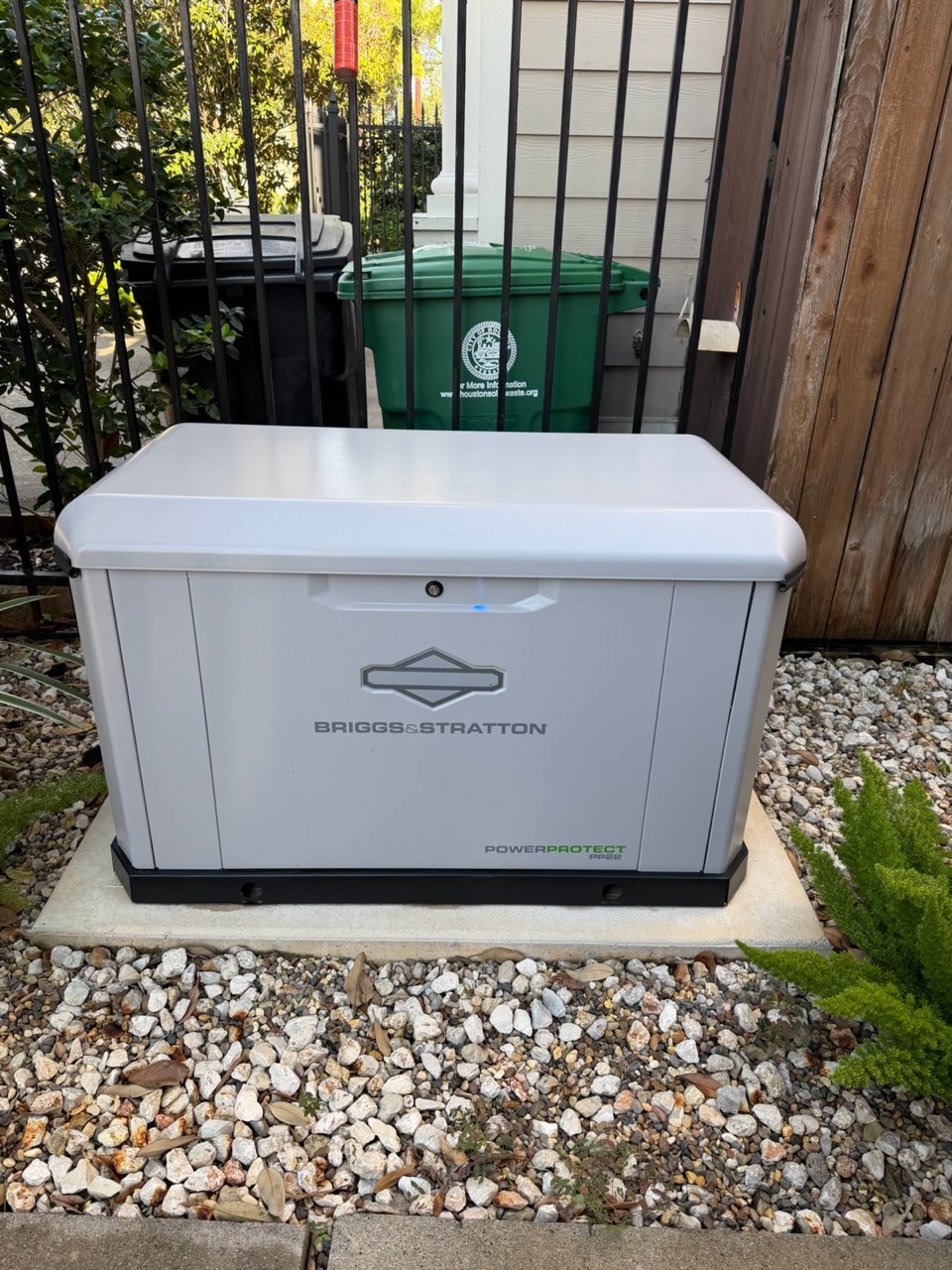 Briggs and Stratton home standby generator on a gravel bed, installed by VCG Electrical in Houston